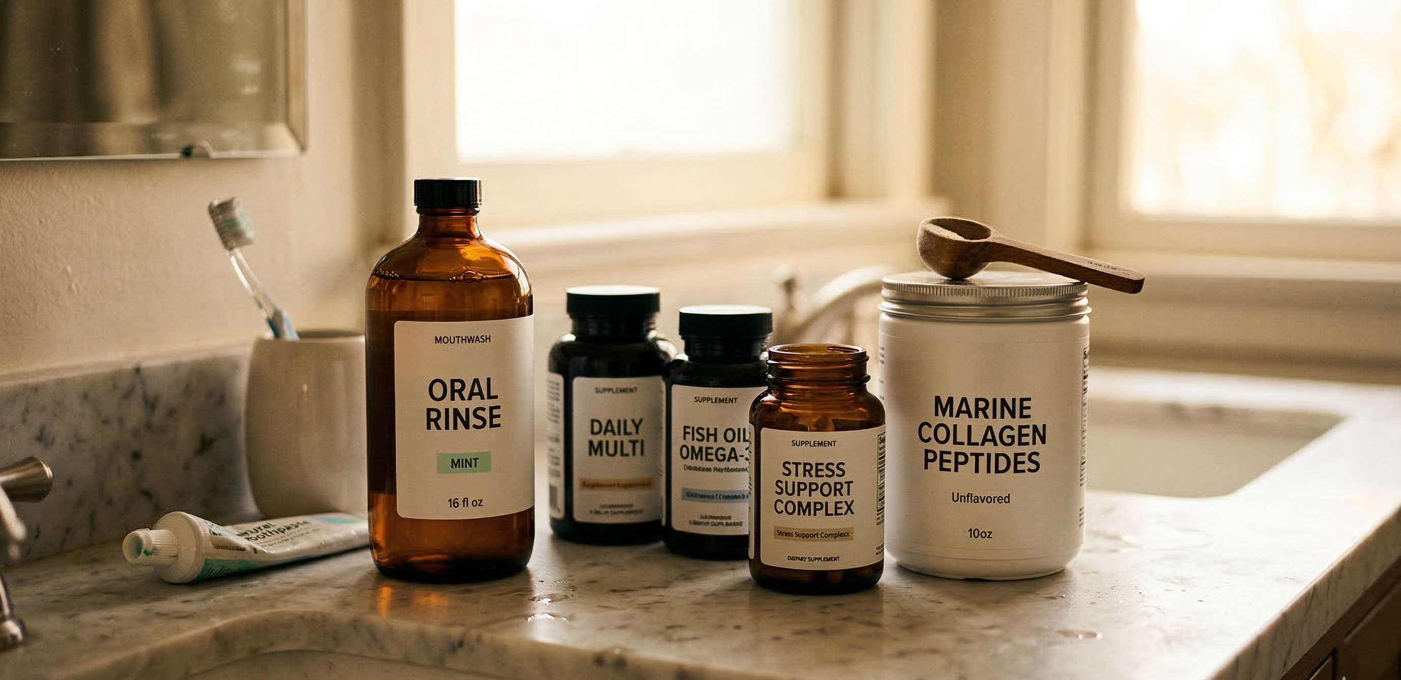 Wellness products on a bathroom counter — oral rinse, supplements, collagen